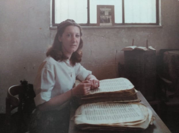 María Teresa Ortega Monasterio in Cairo working with the codex (1978)