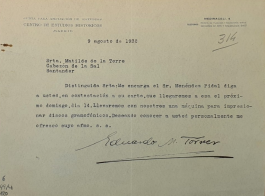 Carta de Eduardo Martínez Torner a Matilde de la Torre, agosto de 1932