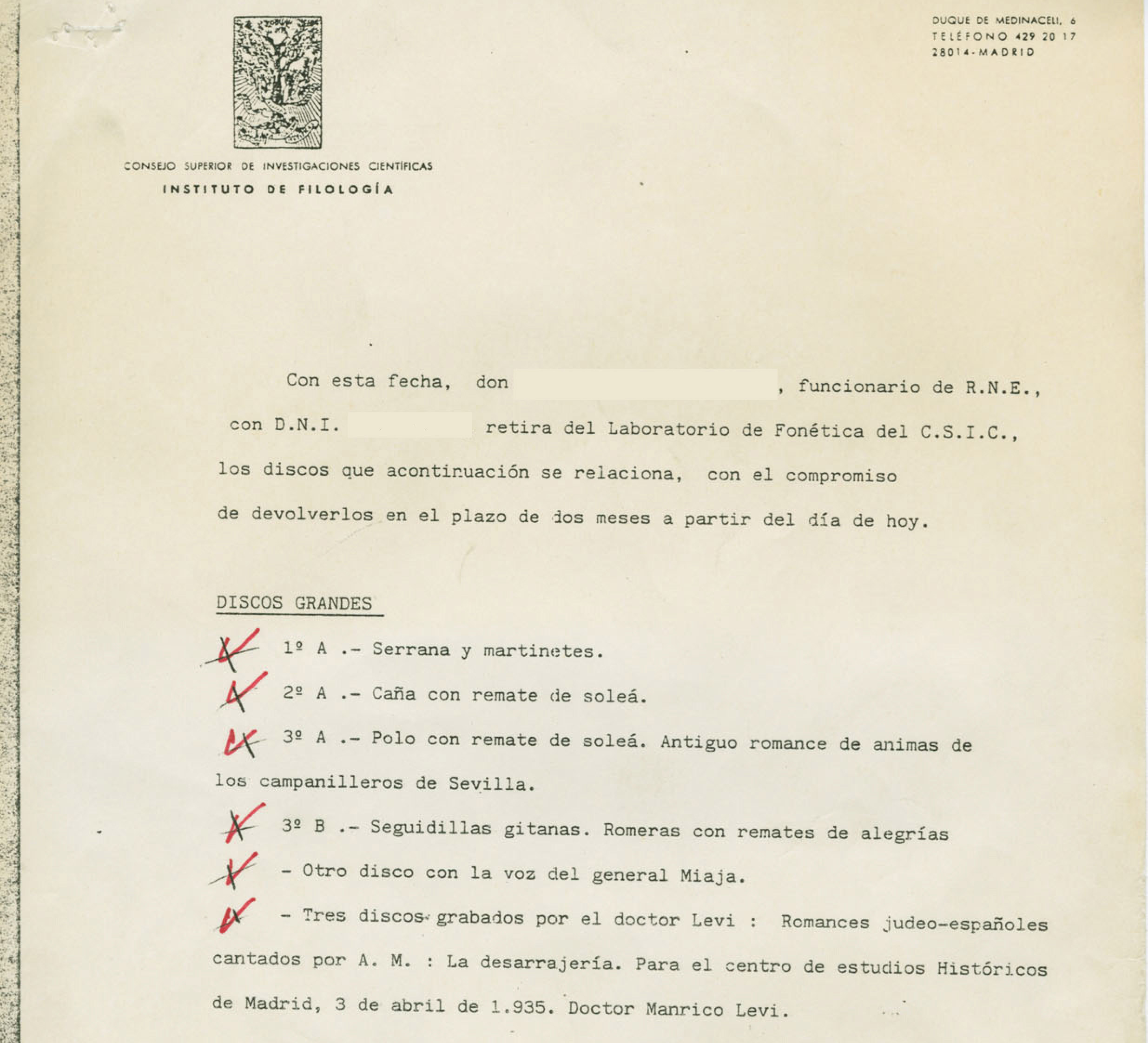 Inventario de discos entregados a RNE